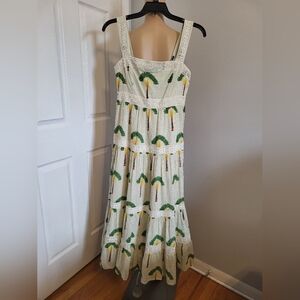 Calypso St. Barth Cream and Green Embroidered Midi Dress